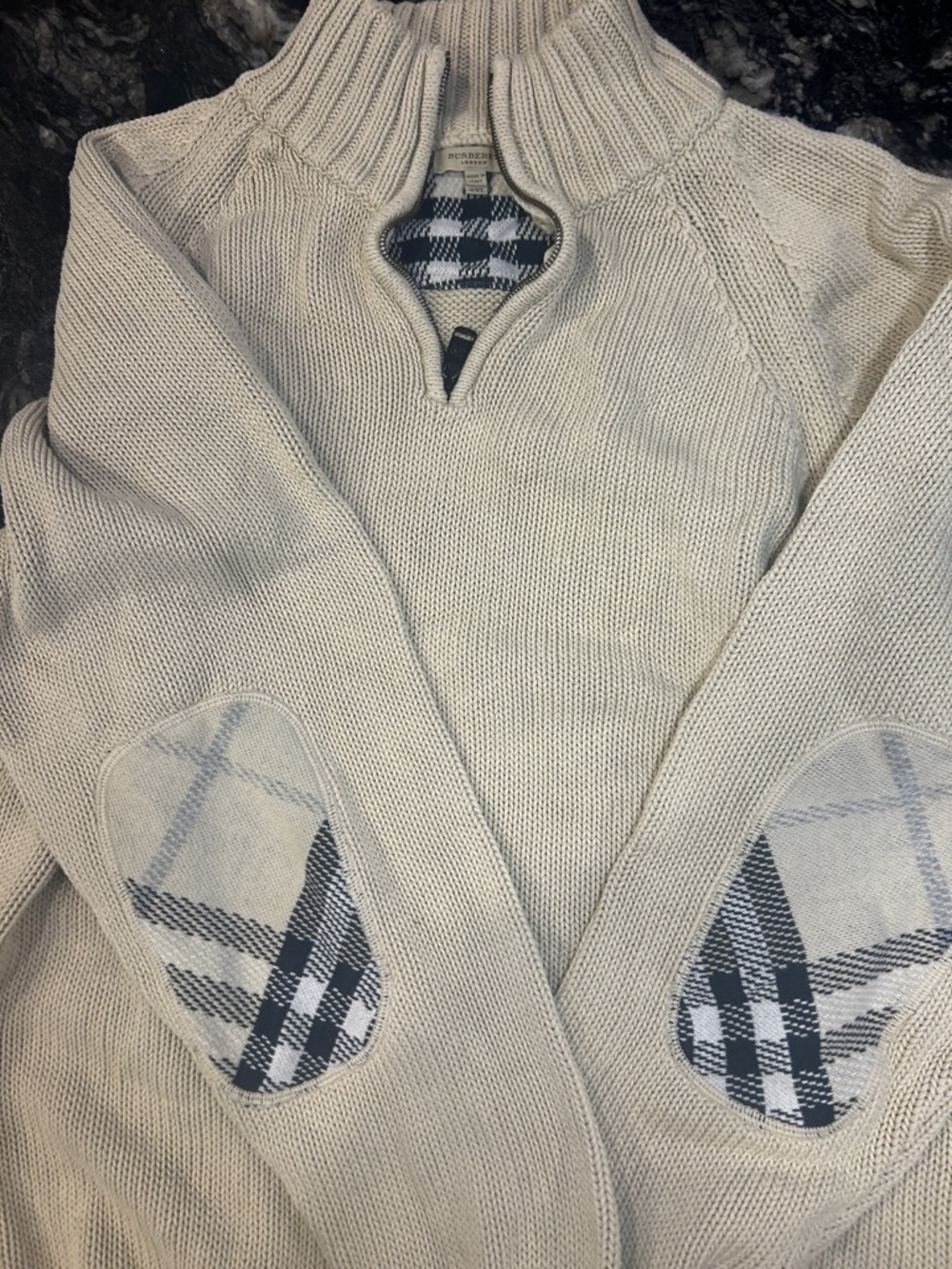 Burberry Men’s Cream Zip-Neck Knit Sweater with Plaid Elbow Patches